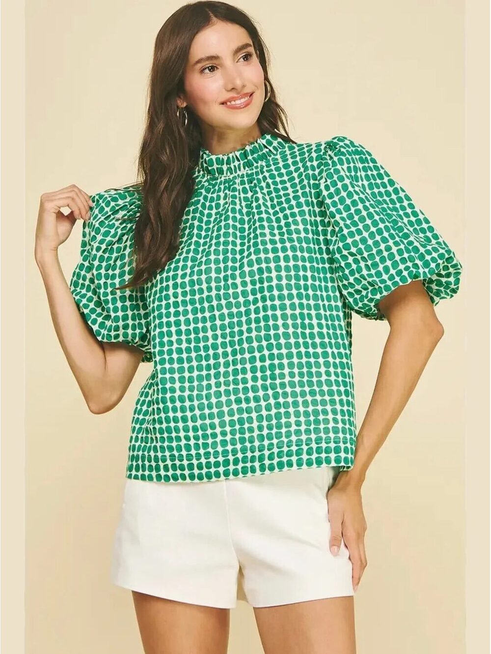 Pinch Green Polka Dot Puff Sleeve Blouse Button Back Women’s L Preppy Teacher